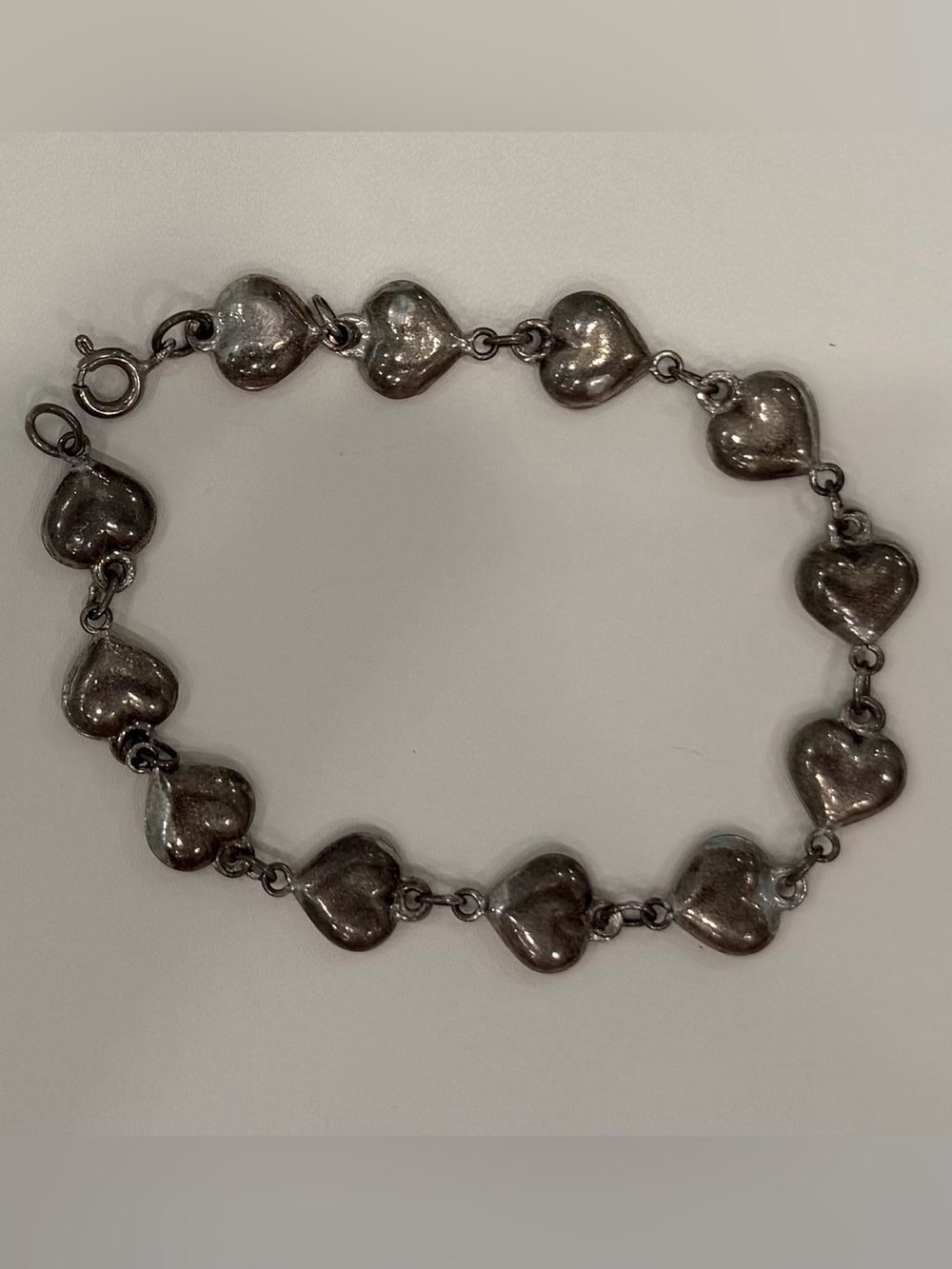 Vintage 90s Sterling Silver Puffy Heart Link Strand Charm Bracelet